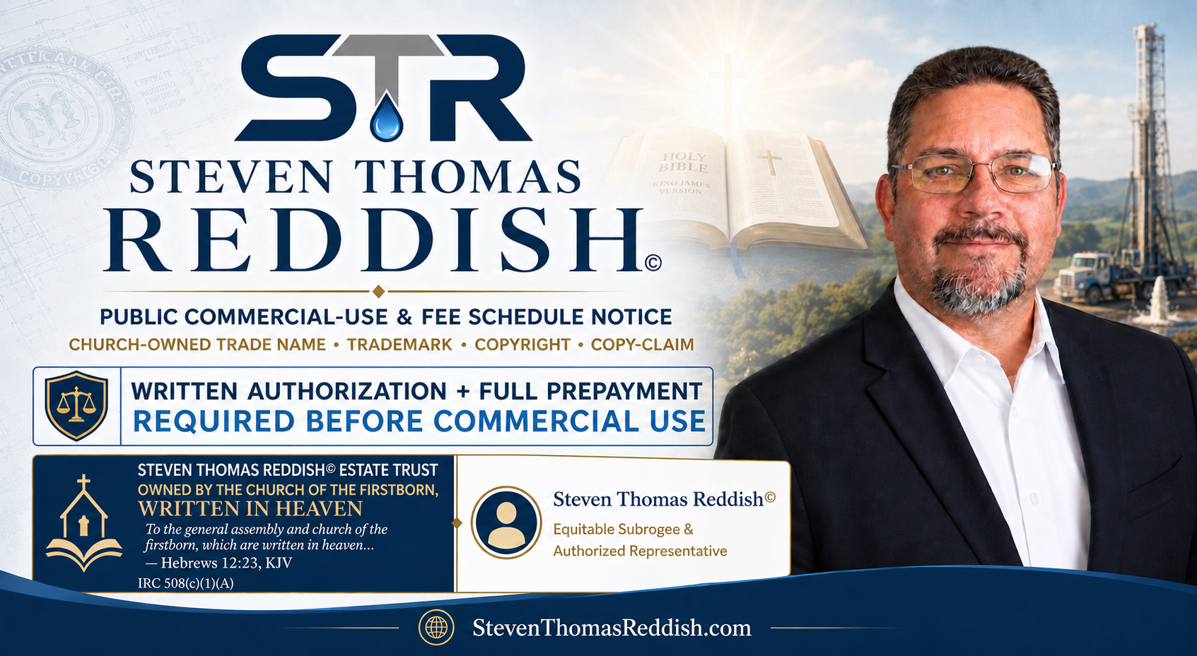 Steven Thomas Reddish commercial-use fee schedule notice for the church-owned STEVEN THOMAS REDDISH Estate Trust.